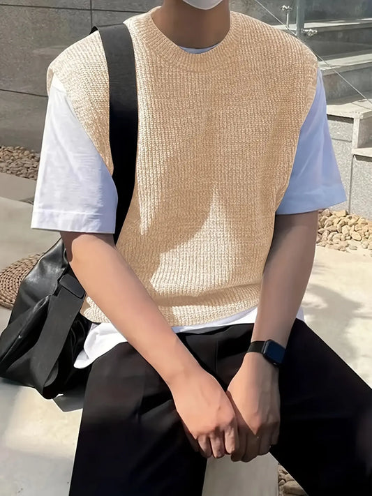 Men's Waffle Knit Vest 2026 New Style Menswear, Japanese City Boy Loose Sleeveless Layering Round Neck Tank Top, Casual Short Fitted Top, Classic