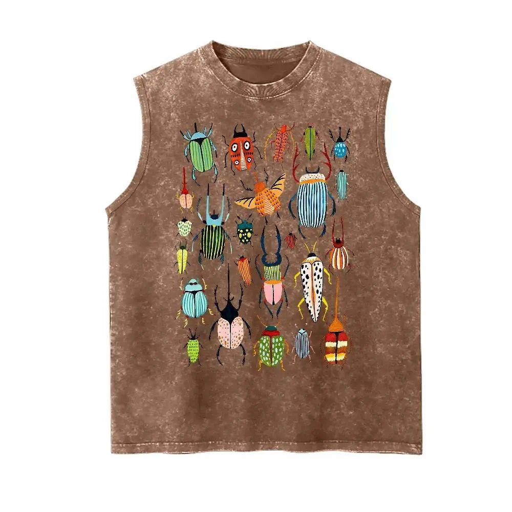 Men's Vintage Wash Garment-Dye High GSM Cotton 90s Graphic Beetle Insect Letter Print Loose-Fit Broken-In Soft Casual Sleeveless Tank Top - Menswear Streetwear Vest