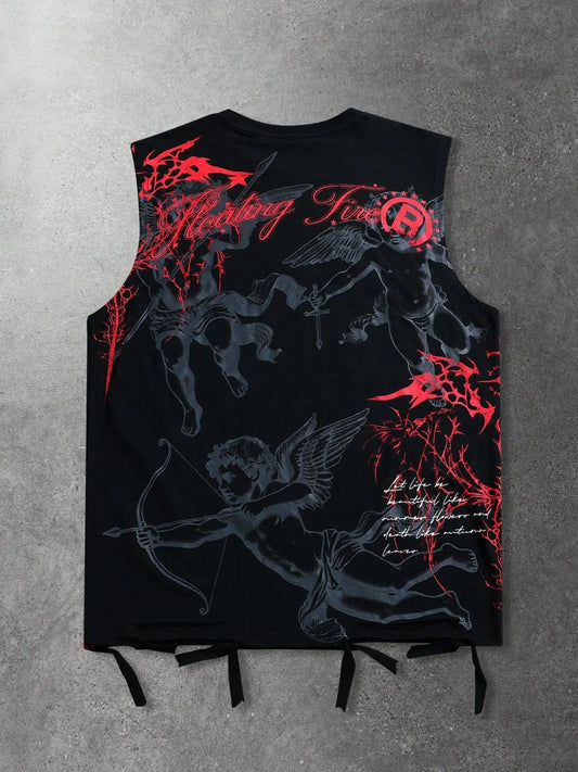 Men's Sleeveless Vest, Street Style American Dark Angel Design, Thorny Letter Print, Vintage Look, Fashionable Outerwear
