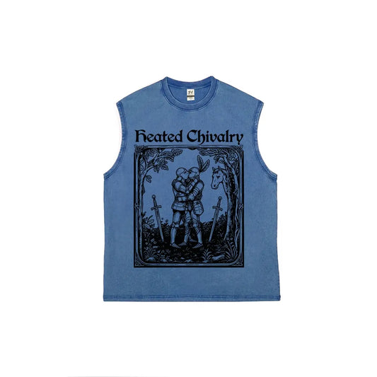 Vintage Acid Washed Sleeveless Cut Off Muscle Tank Top Unisex Heated Chivalry Medieval Two Knights Kissing Woodcut Graphic Retro Gothic Streetwear Gym Tank Shirt Multiple Colors Available