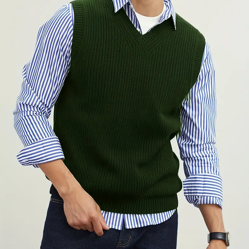 Menswear Stretch V Neck Sweater Vest Pullover Solid Color Sleeveless Preppy Style Black Collar for Fall Winter Nylon Fabric Beige Tops Casual Knit Wool