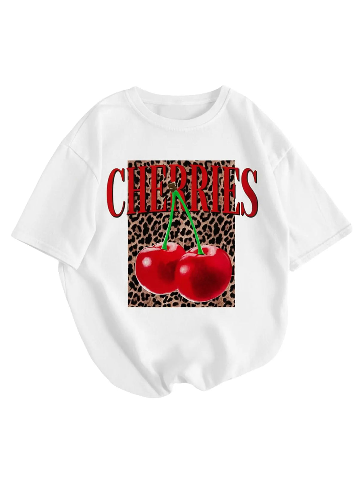 Women's 100% Cotton Washed Short-Sleeve Graphic T-Shirt - Vintage Round Neck Classic Streetwear Apparel, Leopard Cherry Print Casual Lady Top