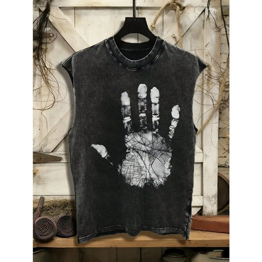 Men's 100% Washed Cotton Slim-Fit Casual Vest - Round Neck, Palm Graffiti Print, Distressed Look, Stretch Tropical Fabric, Soft Comfortable Top, Ideal for Outdoor Activities, Great Christmas/New Year Gift