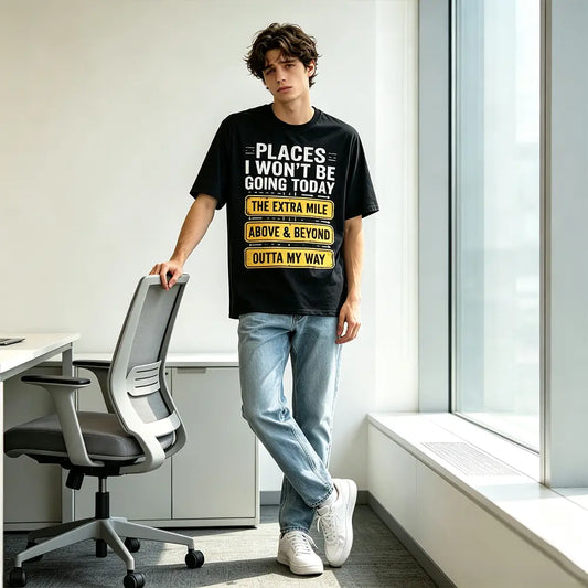 Men's Funny "Places I Won't Be Going Today" T-Shirt - Humorous Slogan Print, Soft Breathable Round Neck Short Sleeve Tee Suitable for Casual Wear