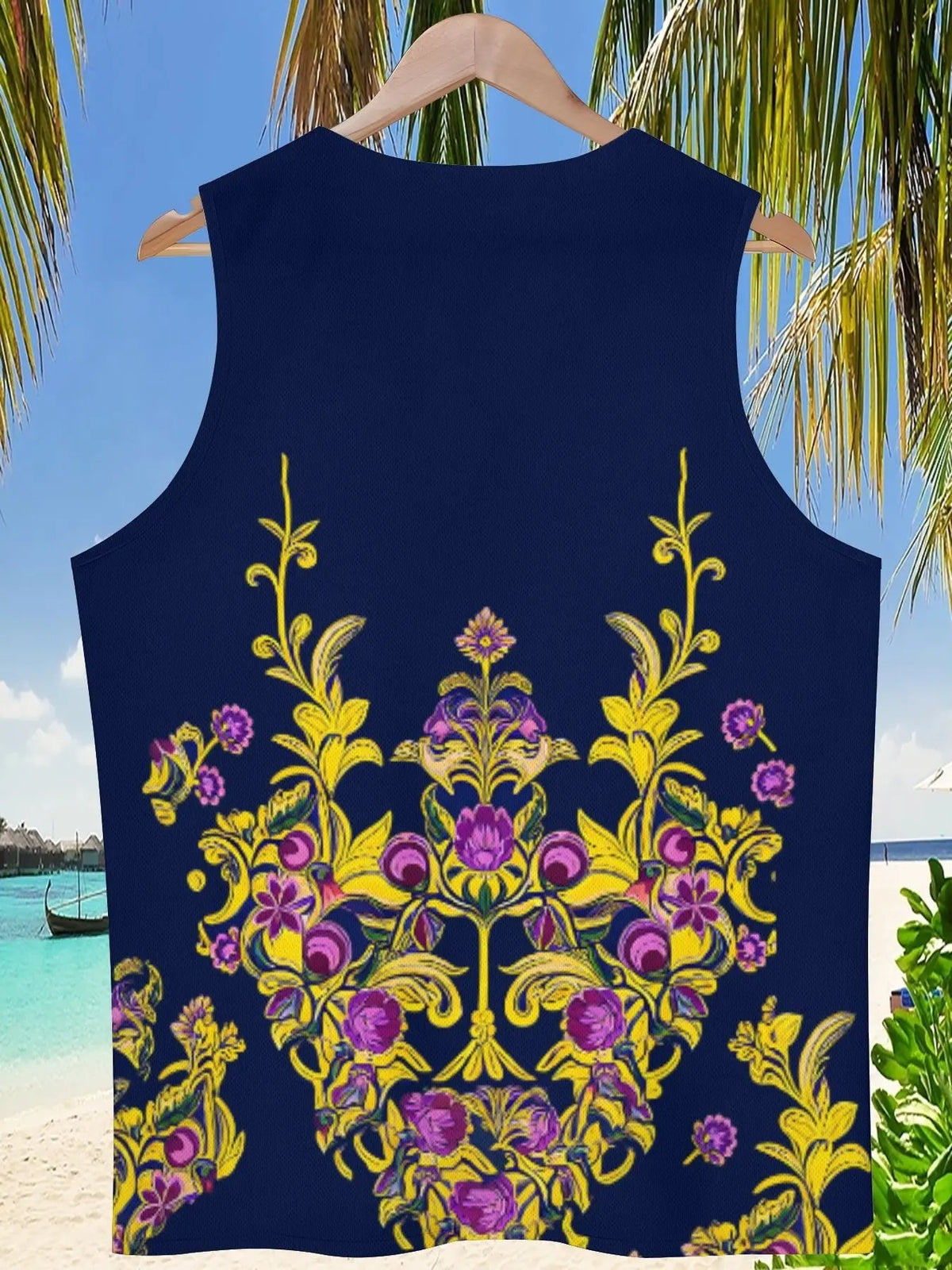 Elegant Baroque Print Vest, European Style Pointed Collar, Sleeveless Casual Top, Perfect for Beach Vacations