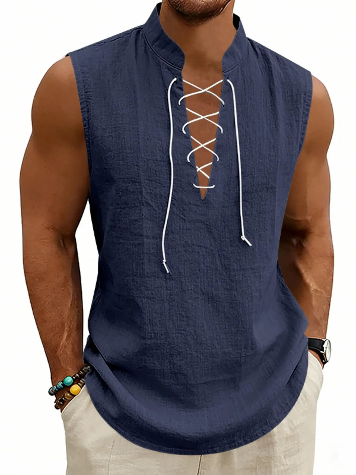 American Summer Loose Casual Men's Viking Medieval Drawstring Linen Breathable Sleeveless Design Tank Top, Comfortable and Stylish Unisex Clothing