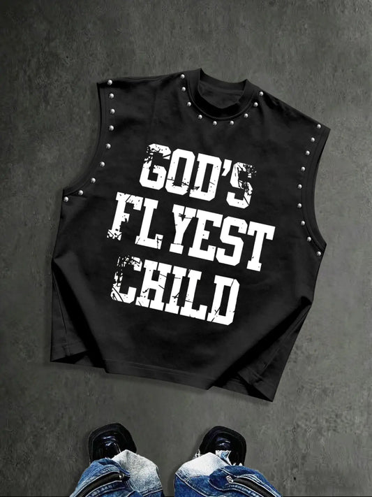 Men's Street Style Sleeveless Vest, Rivet Decor, Letter Print Tank, Loose-Fit, Oversized, Round Neck, High-Street Fashion, Casual, Classic, Vintage Look, Streetwear, Menswear