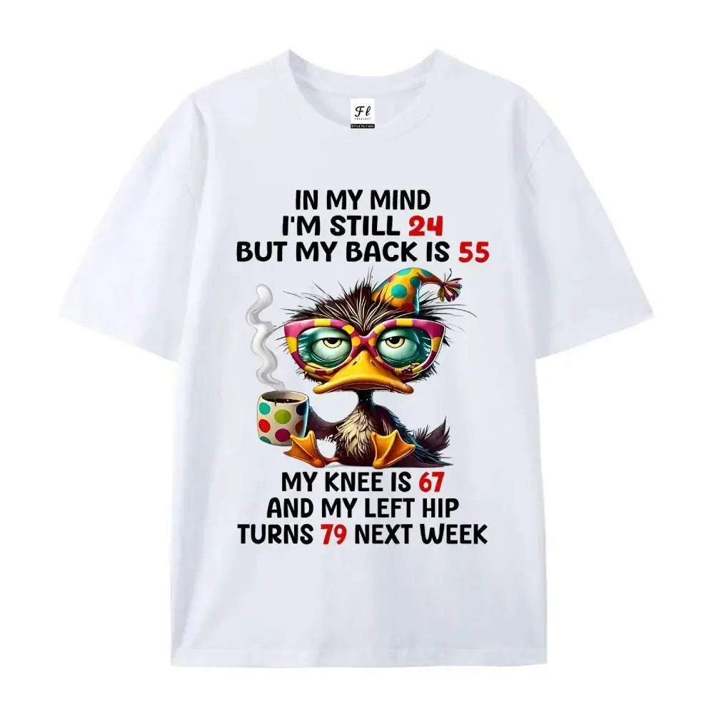 Men's Soft Breathable Cotton Crewneck Round Neck Funny Print T-Shirt - "Duck In My Mind I'm 24 But My Back Is 55" Sarcastic Style, Black Short Sleeve, Casual Loose Top, Personality Wear for New Year, Nyepi