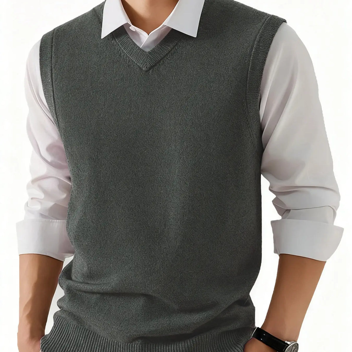 Men's V-neck Knit Vest - Menswear Tops, Polyester, Spring/Autumn Business Casual Sleeveless Basic Layerable Solid Color Vest