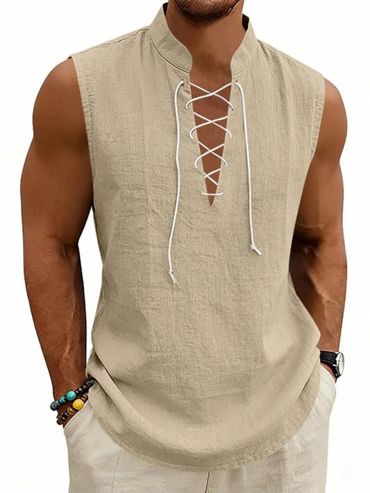 American Summer Loose Casual Men's Viking Medieval Drawstring Linen Breathable Sleeveless Design Tank Top, Comfortable and Stylish Unisex Clothing