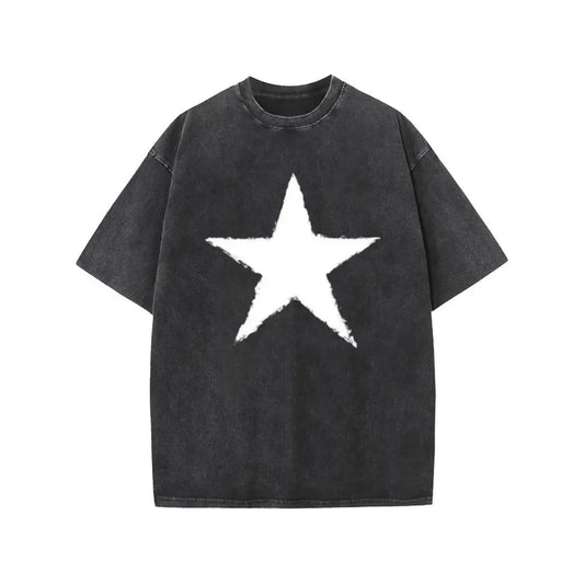 Holafish Star Graphic Acid Wash T-Shirt, Heavyweight Cotton Short Sleeve Tee, Unisex Casual Streetwear Summer Top for Men Women