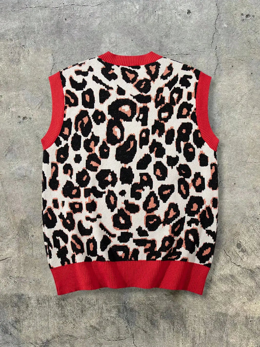 New Retro Style Men's Neutral Leopard Print Knit Vest, V Neck Sleeveless Sweater Backless, Casual Fitted H-Type Design for All Seasons, Vneck, Fashion Vest