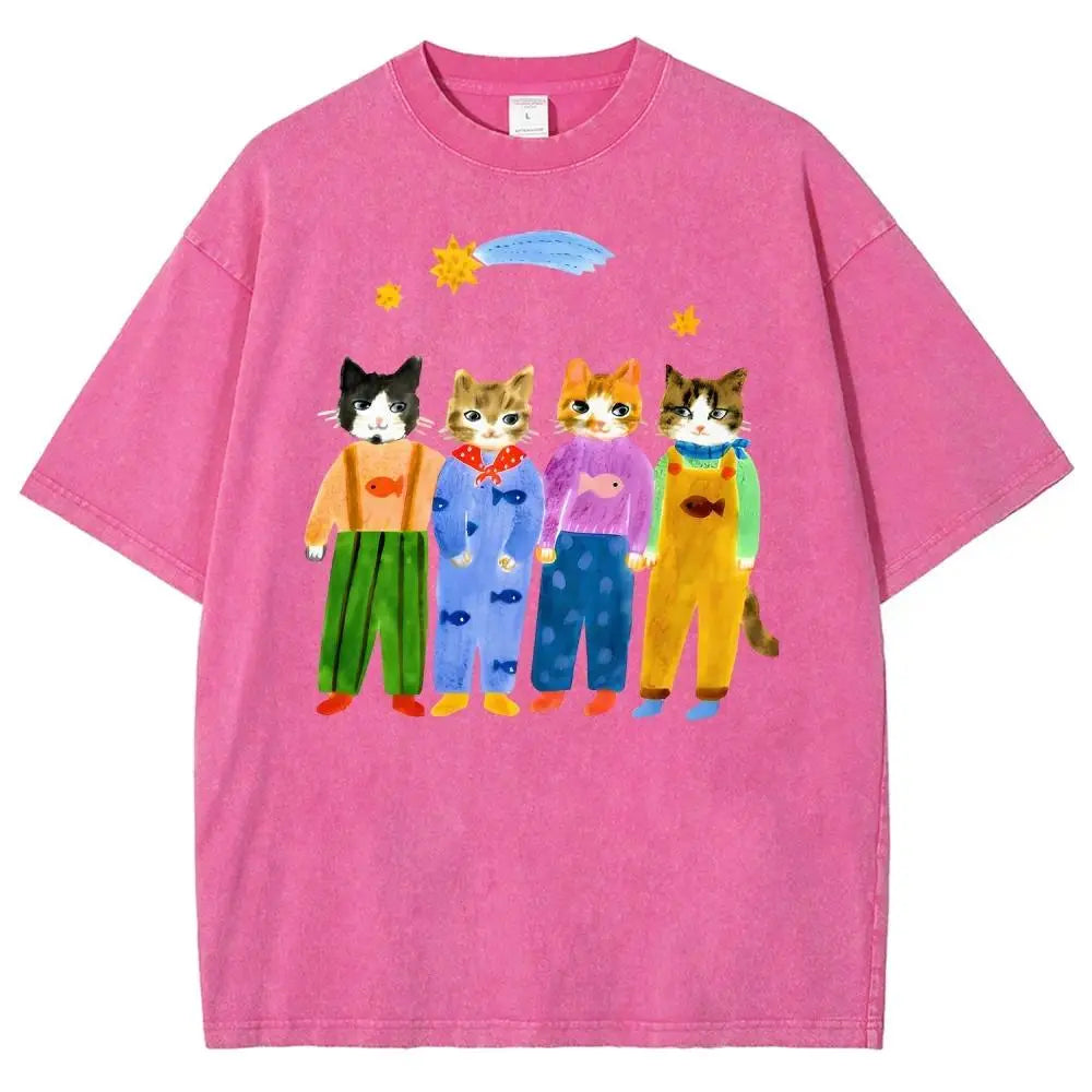 Women's Retro Hand-Painted Funny Cats in Overalls Short-Sleeve Cotton T-Shirt - Breathable Oversized Fit Streetwear Top for Vacation Outfits, Funny Graphic Tee