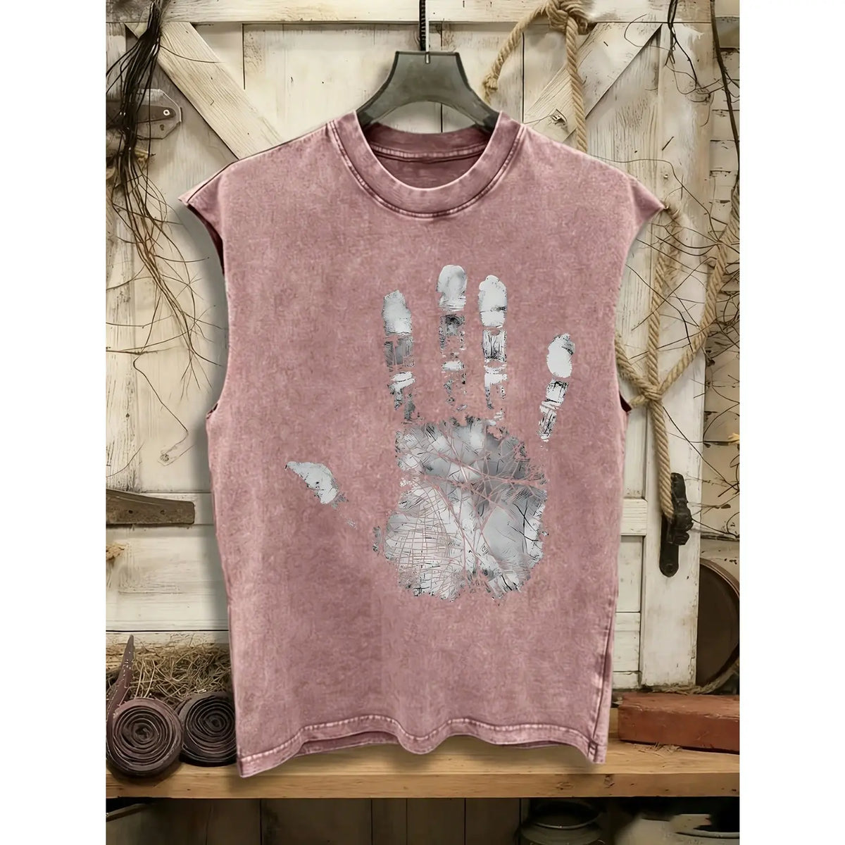 Men's 100% Washed Cotton Slim-Fit Casual Vest - Round Neck, Palm Graffiti Print, Distressed Look, Stretch Tropical Fabric, Soft Comfortable Top, Ideal for Outdoor Activities, Great Christmas/New Year Gift