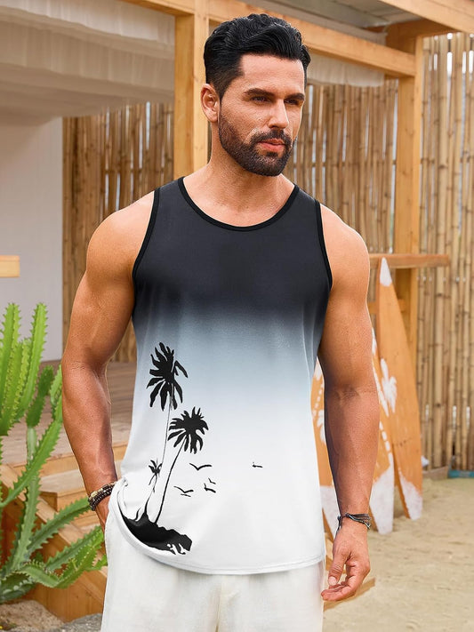 Runcati Mens Graphic Tank Tops Sleeveless Palm Tree Shirts Beach Top