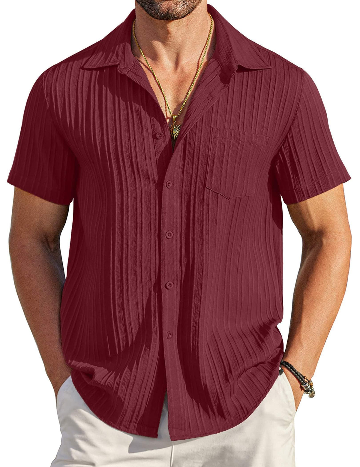 COOFANDY Men's Casual Button Down Shirts Short Sleeve Textured Summer Beach Shirt with Pocket