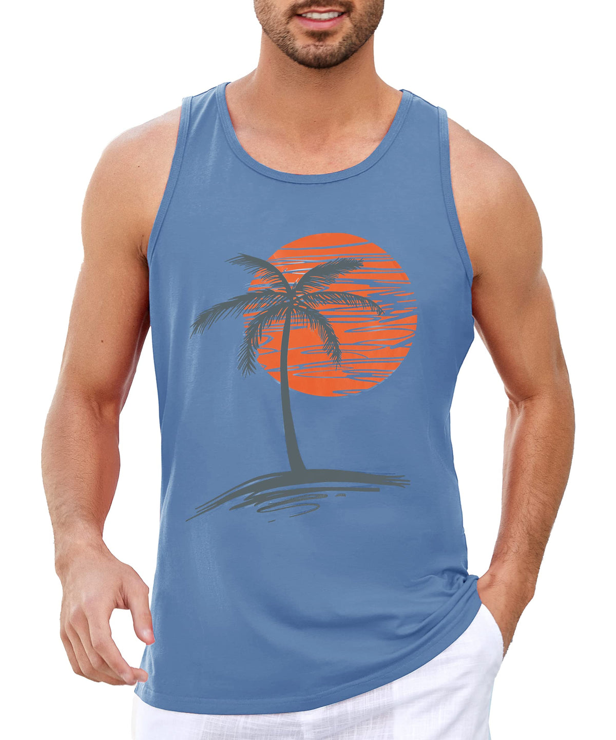 Mens Sleeveless Tank Tops Graphic Gym Shirts Palm Tree T-Shirt