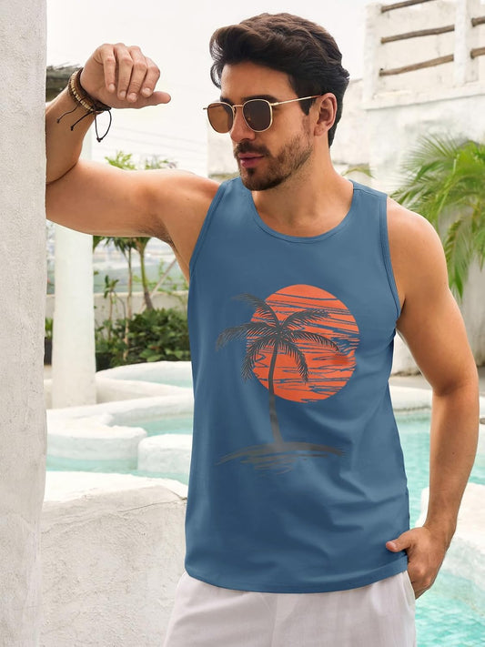 Mens Sleeveless Tank Tops Graphic Gym Shirts Palm Tree T-Shirt