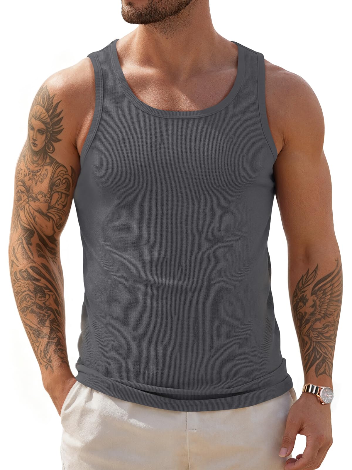 ZDC Mens Sleeveless Tank Tops Summer Workout Ribbed Shirts