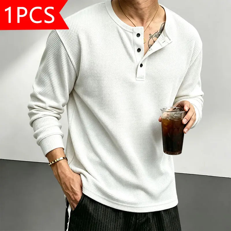 Men’s Classic Waffle-Knit Henley-Collar Short-Sleeve T-Shirt - Small Stand Collar, Half-Button Placket, Breathable Textured Knit Fabric, Relaxed Drop-Shoulder Casual Fit, Solid Basics Streetwear Top for Casual Everyday Wear