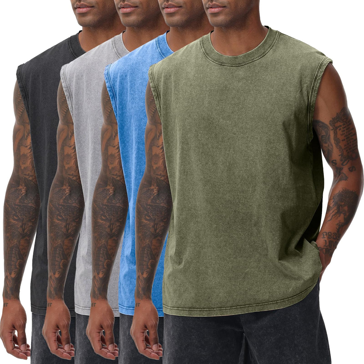 Mens Workout Tank Tops Sleeveless Tee Shirts Men Muscle Shirt Gym Acid Wash T Shirts Running Beach Loose Fit Tee