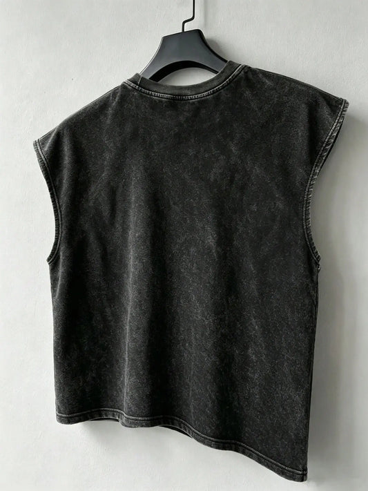 Unisex Raw Wash Cotton Sleeveless Top, H-Type Loose Fit, Short Casual Wear, Y2K Street Style, Graphic Print, No Collar, No Button, No Zipper