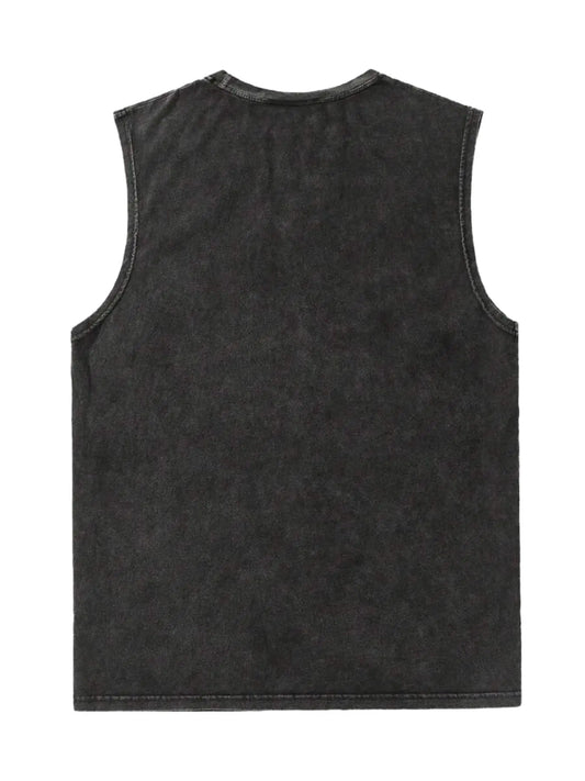 Comfortable Cotton Vest Summer Sleeveless Top, Vintage Washed Effect, Cartoon Print, Street Casual Style, Unisex