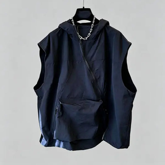Unisex Loose Casual Asymmetric Diagonal Zipper Big Pocket Hooded Cargo Ves, Men's Summer Casual T-Shirt, Sleeveless Solid Color Top Menswear Vest