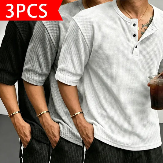 Men’s Classic Waffle-Knit Henley-Collar Short-Sleeve T-Shirt - Small Stand Collar, Half-Button Placket, Breathable Textured Knit Fabric, Relaxed Drop-Shoulder Casual Fit, Solid Basics Streetwear Top for Casual Everyday Wear