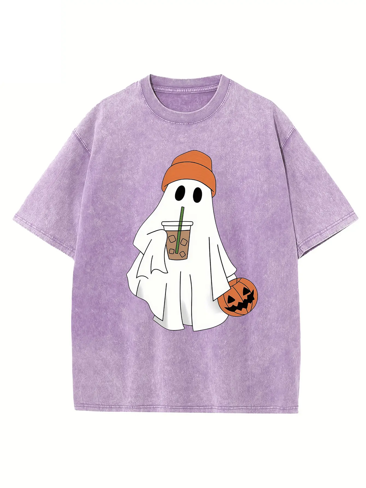 Women's 230g Heavyweight Breathable Cotton Halloween T-Shirt - Pumpkin & Ghost Print, Oversized Drop Shoulder, Acid Washed, Vintage Street Style, Loose Regular Fit, Machine Washable Hip-Hop Basic Top, T Shirts Women