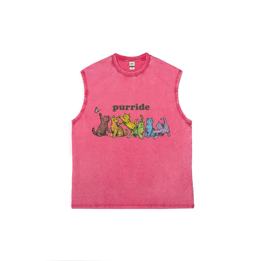 Men's 100% Soft Cotton Loose Relaxed Fit Distressed Acid-Washed Sleeveless Muscle Tank Top - Vintage Retro LGBTQ Pride Rainbow Cats Butterfly Graphic Unisex Cargo Fabric Gym Streetwear Vest, Multiple Colors Available