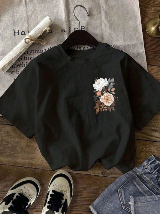 Women's Loose-Fit Short-Sleeve Polyester T-Shirt - Y2K Style Cartoon Floral Print Round Neck Top, Spring/Summer Everyday Soft Casual Tee with Breathable Fabric