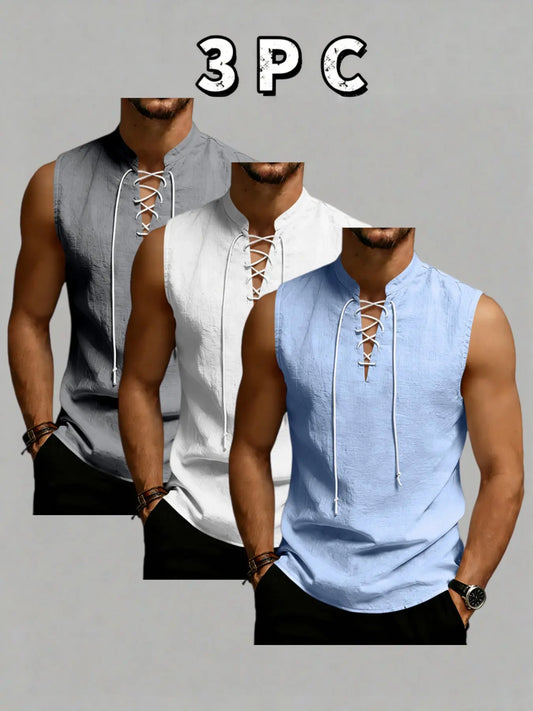 3-Pack Men's Sleeveless Tie-Back Vest, Plain Stand Collar Linen Style Jacket, Comfortable Breathable, Casual Wear for Vacation & Daily Use