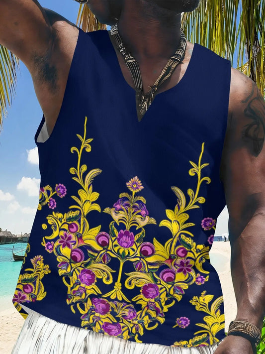 Elegant Baroque Print Vest, European Style Pointed Collar, Sleeveless Casual Top, Perfect for Beach Vacations