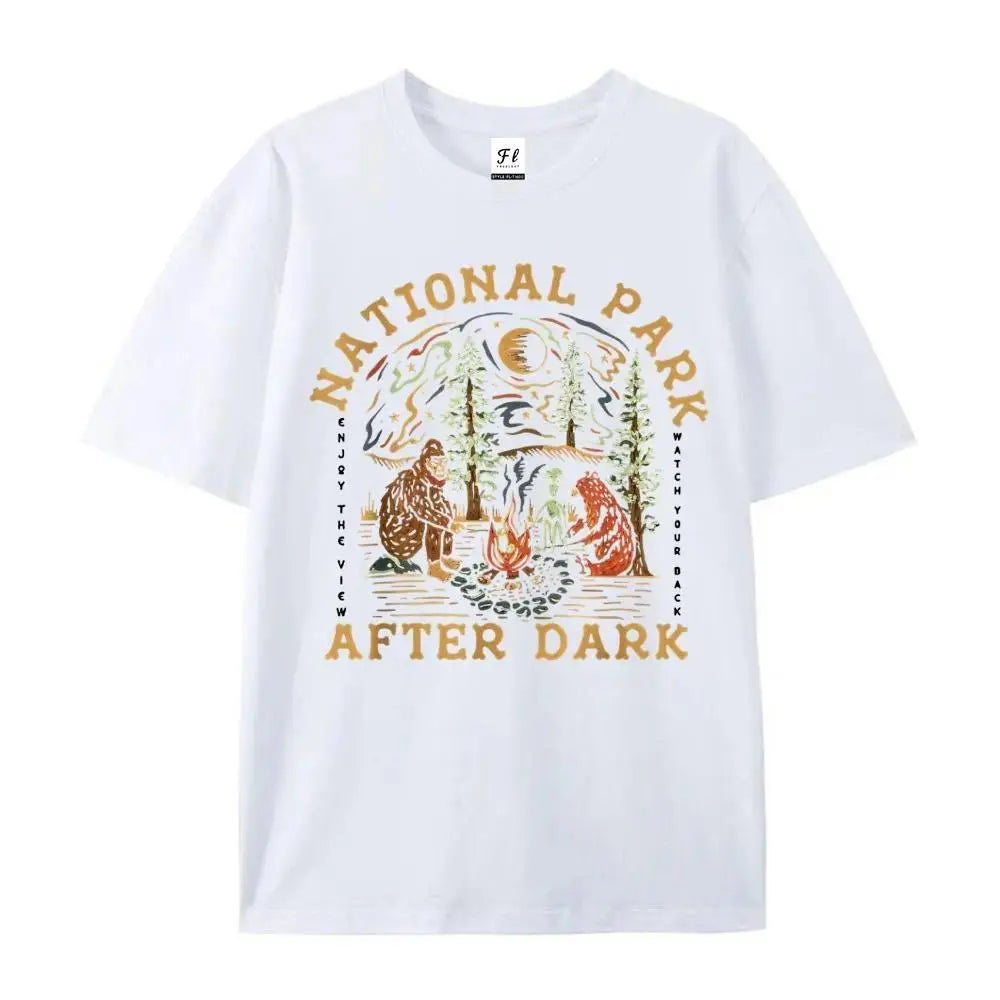 Women's Cotton Shortsleeve Graphic Tshirt - Relaxed Fit Round Neck Breathable Top, Retro National Park After Dark All Over Print, Everyday Casual Style for Daily Commuting