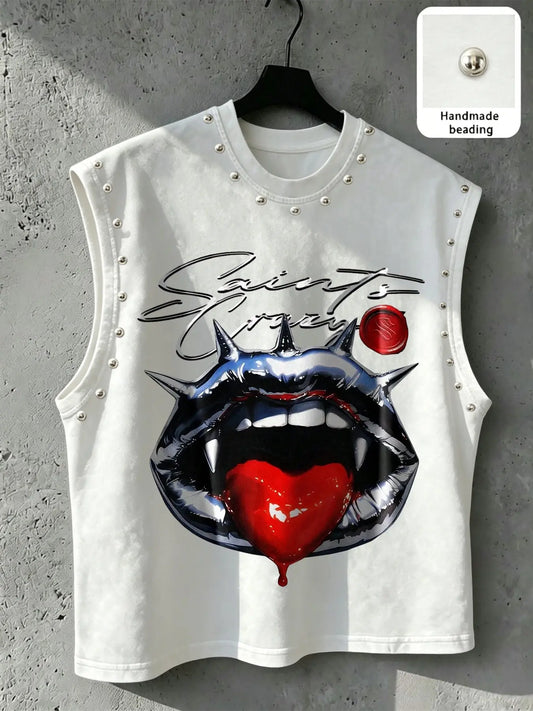Men's Punk Style Vest, Tribal Print, Metal Rivets, Breathable Knit Fabric, Streetwear Fashion, Comfortable and Durable, Fitted Sleeveless, Graphic Sleeveless Vest, Streetwear Tank Vest, Breathable Sleeveless Design, Knitted Vest