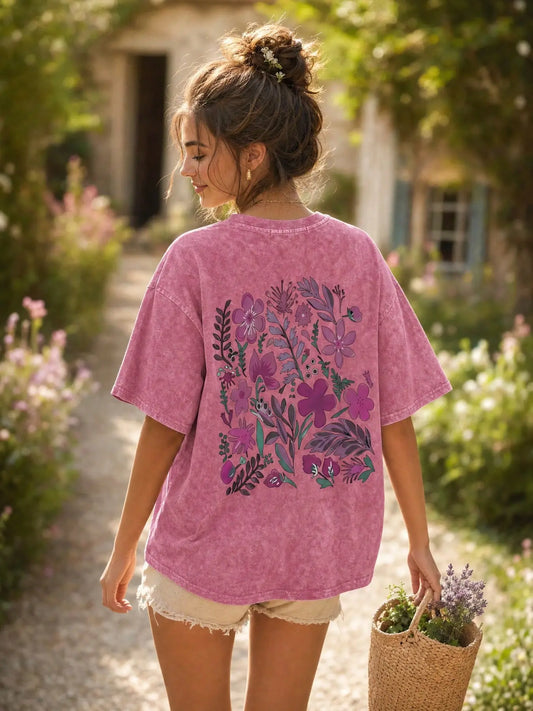 Women's 100% Washed Cotton Round Neck Short-Sleeve T-Shirt - Casual Relaxed-Fit Rural-Style Floral Print Comfortable Top for Daily Wear, Shortsleeve
