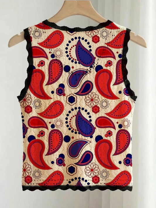 Women's Independence Day Paisley Floral Print V-Neck Sweater Vest, Casual Sleeveless Knit Top, Breathable Summer Clothing
