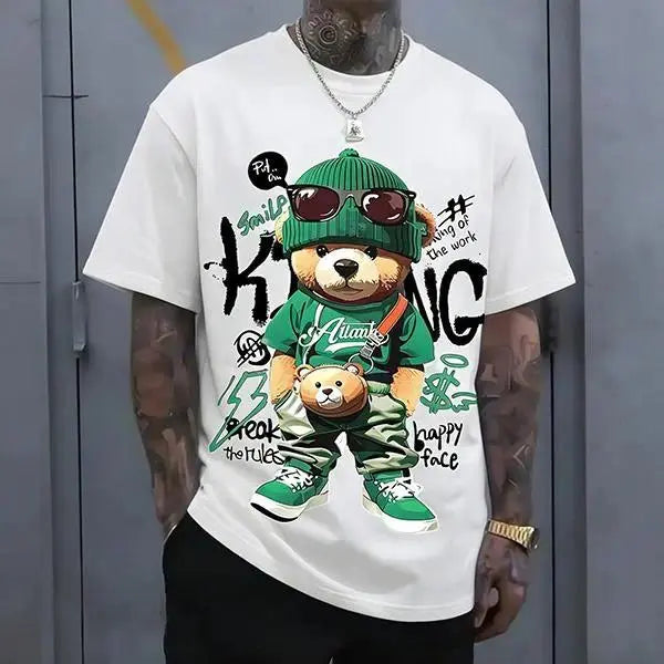 Men's Round Neck Short-Sleeve Cotton T-Shirt Top - Hip-Hop Teddy Art, Fun Teddy Print, Harajuku Retro Casual Loose Trendy Tee for Spring Glow Up, Summer Vibes