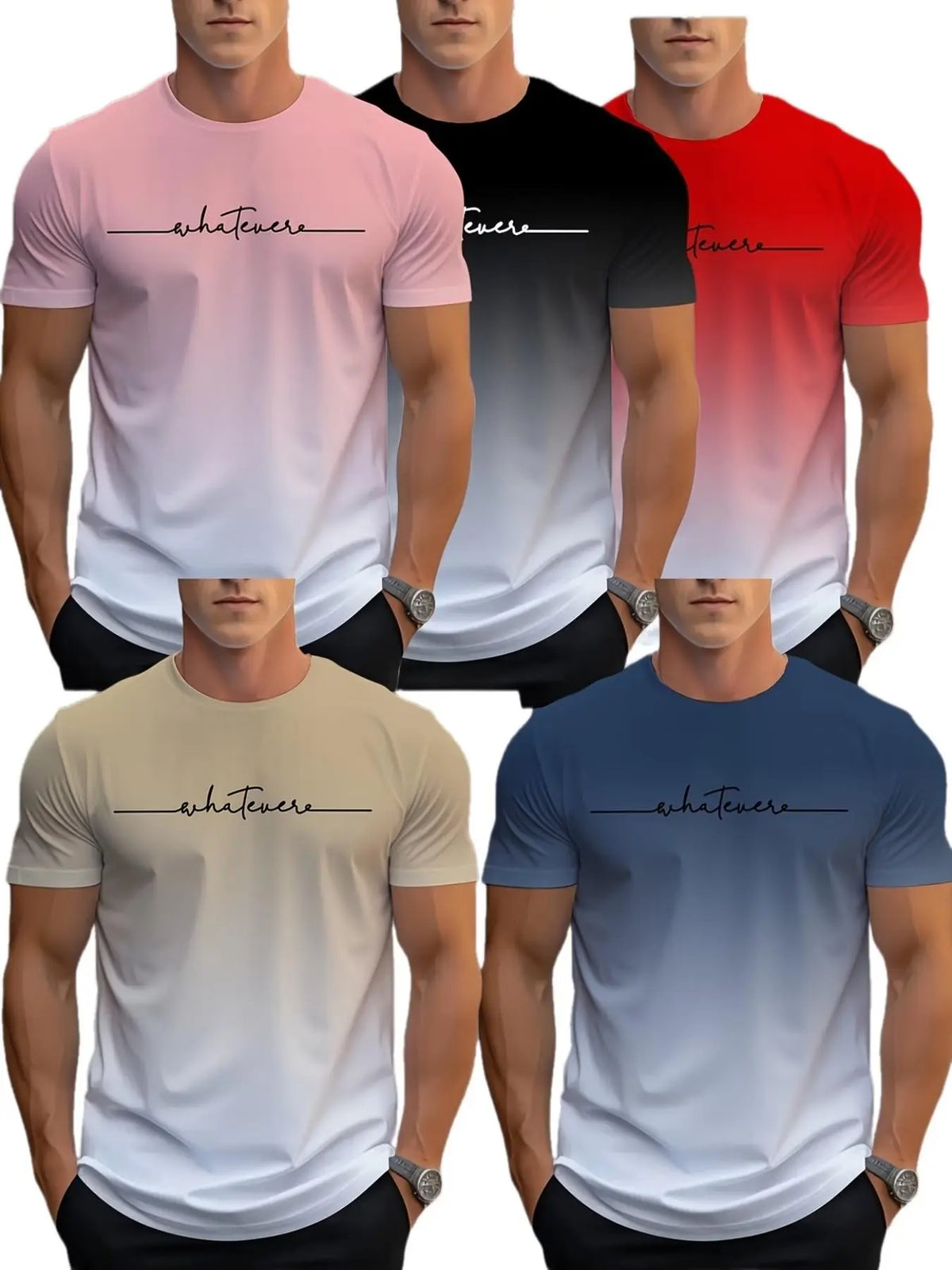 Set of 5, Striped Print Men'S Stylish Casual Short-Sleeve T-Shirts, Gradient Color Summer Round-Neck Quick-Dry Breathable Short-Sleeve T-Shirts, Casual Tee