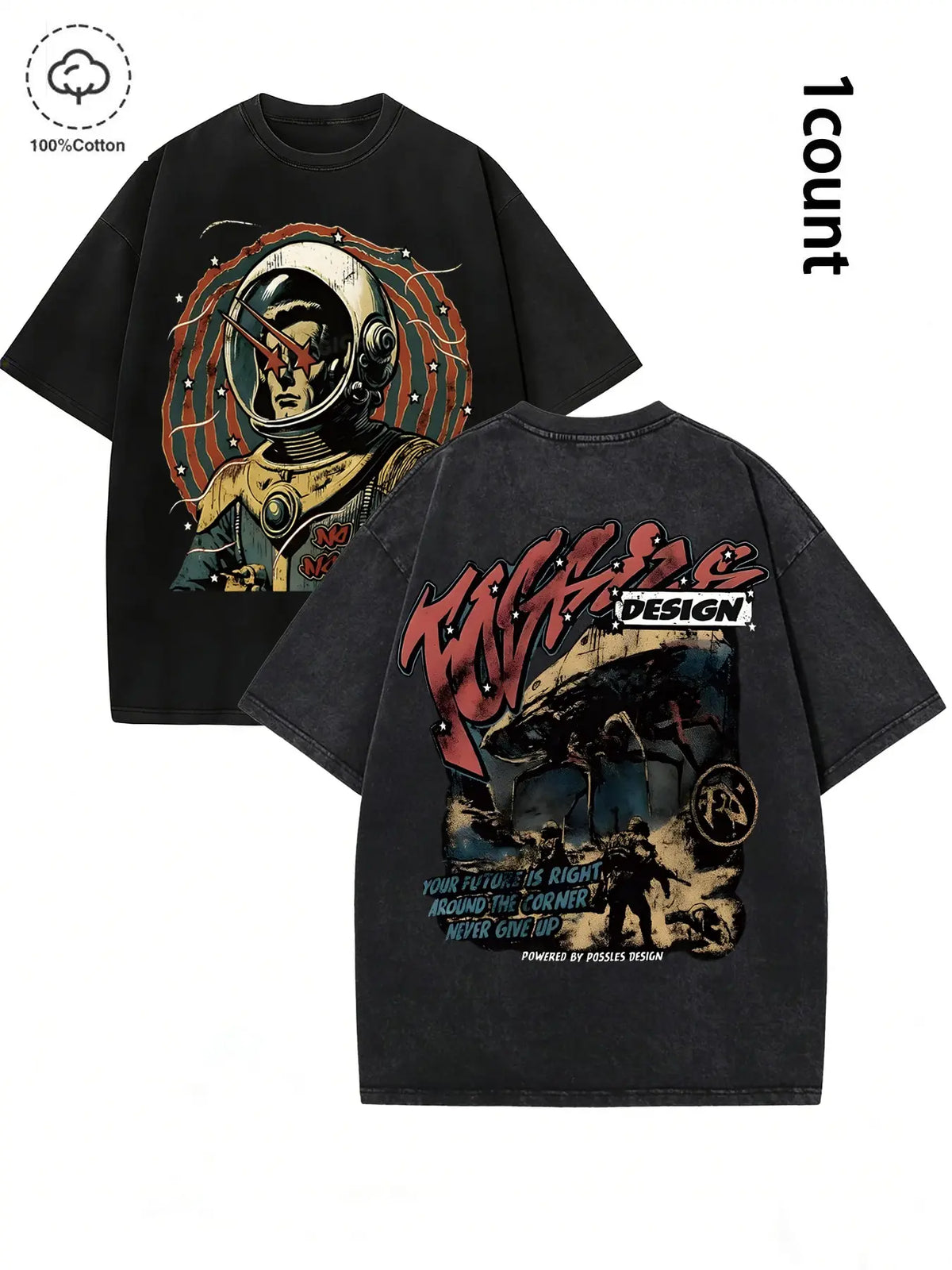Out of This World Slogan Astronaut Pattern Cyberpunk Space Short Sleeve T-Shirt, Dark Punk Y2K Style, Unisex Streetwear Fashion