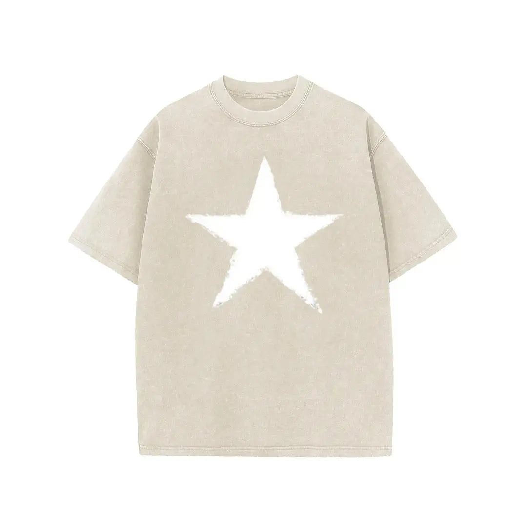 Holafish Star Graphic Acid Wash T-Shirt, Heavyweight Cotton Short Sleeve Tee, Unisex Casual Streetwear Summer Top for Men Women