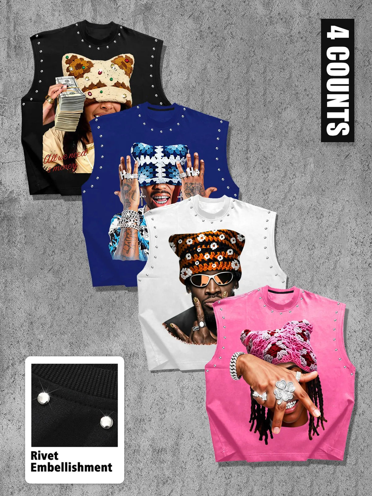 Men's Casual 4-Piece Vest Set, American Vintage Portrait Print, Graphic Print Vest, Round Neck Wide Shoulder, Comfortable Fabric, Regular Fit, Streetwear
