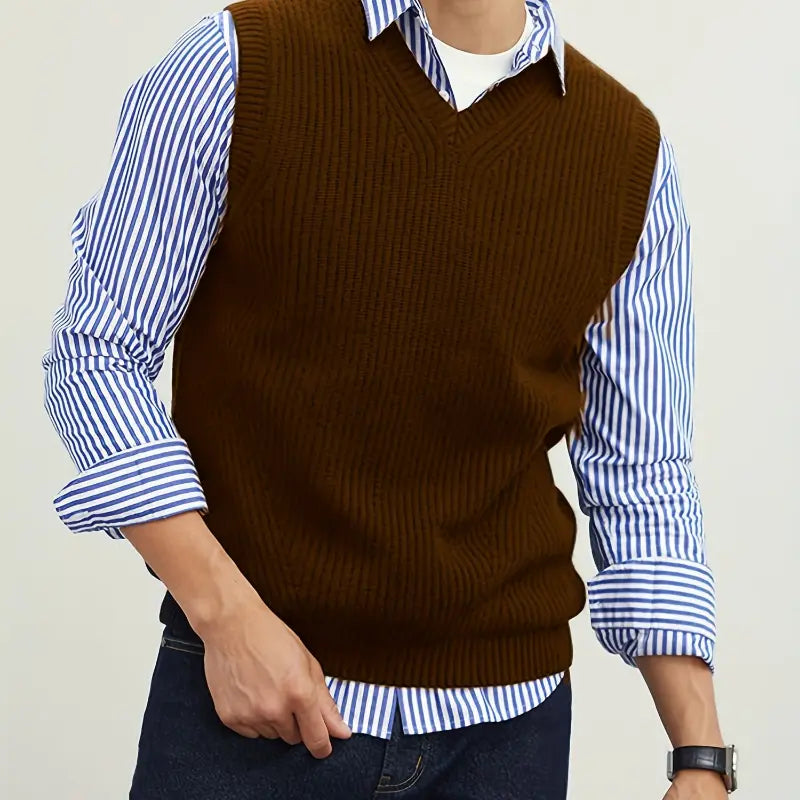 Menswear Stretch V Neck Sweater Vest Pullover Solid Color Sleeveless Preppy Style Black Collar for Fall Winter Nylon Fabric Beige Tops Casual Knit Wool