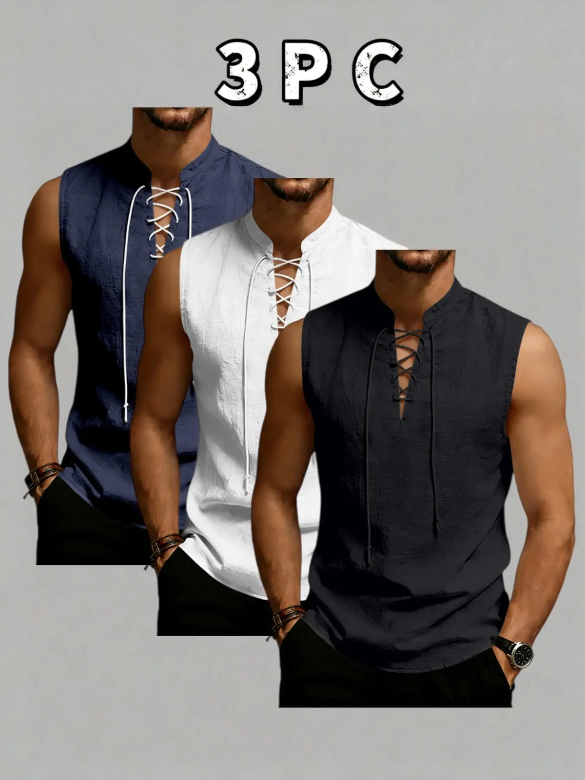 3-Pack Men's Sleeveless Tie-Back Vest, Plain Stand Collar Linen Style Jacket, Comfortable Breathable, Casual Wear for Vacation & Daily Use