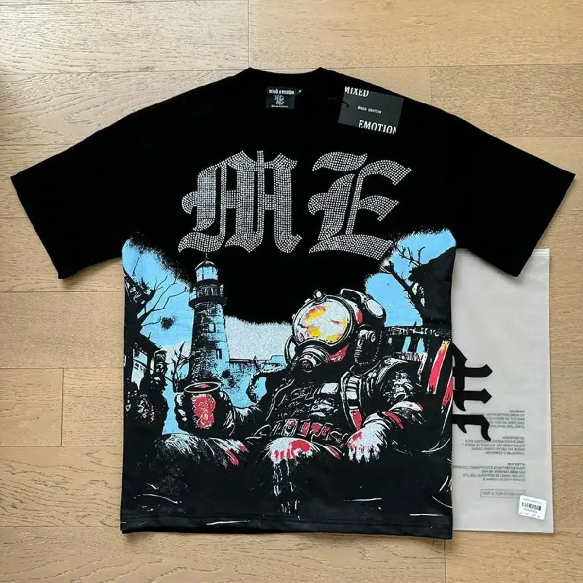 RMIXED EMOTION Rhinestone Graphic T-Shirt Men Women Oversized Cotton Tee Short Sleeve Crew Neck Streetwear Top Angel Print Gothic Y2K Hip Hop Casual Summer Shirt