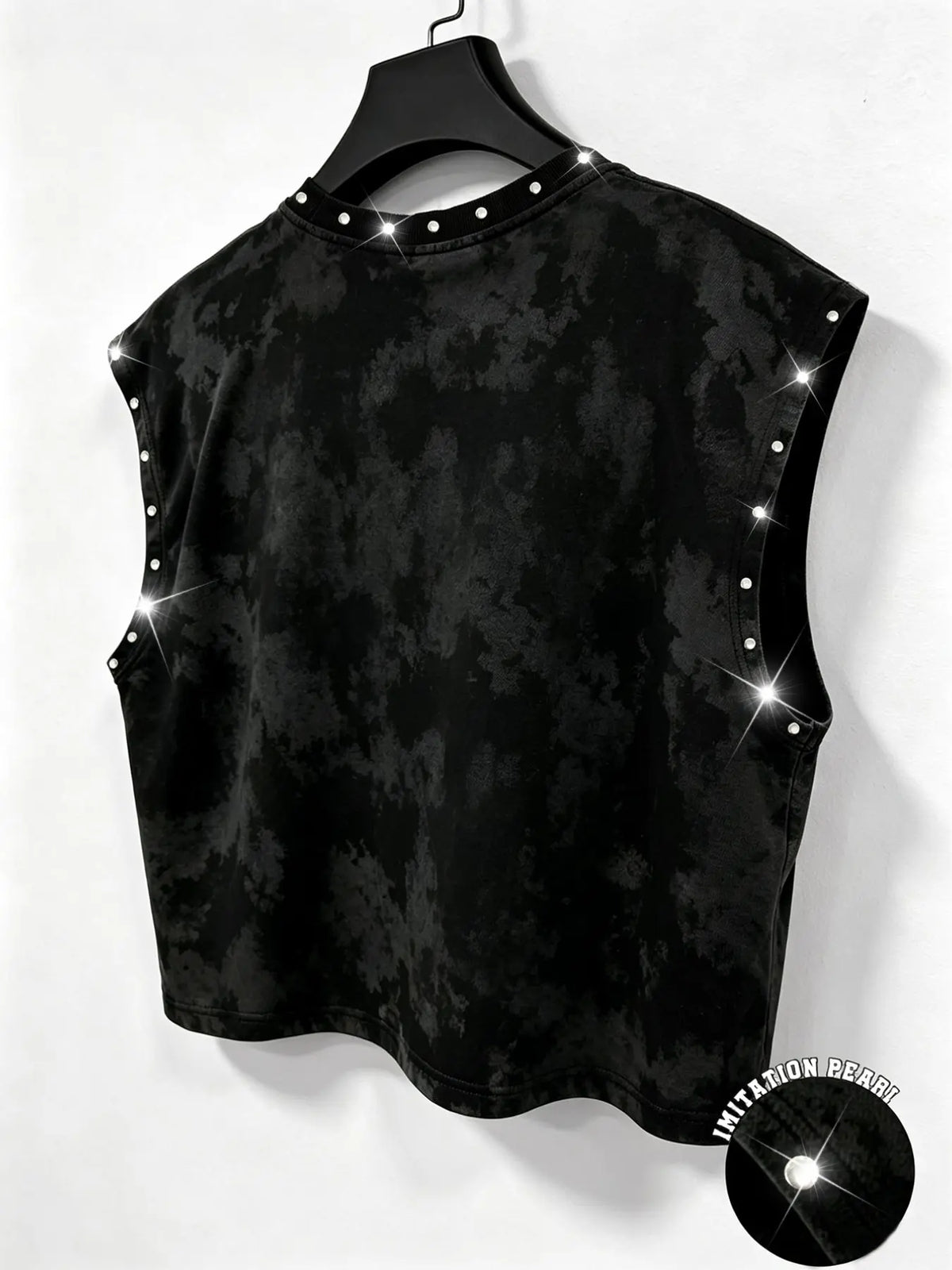 Men’s Studded Washed Vest Top, Distressed Sleeveless Tank with Pearl Detail and Dark Streetwear Style for Y2K, Grunge, Festival and Urban Outfits