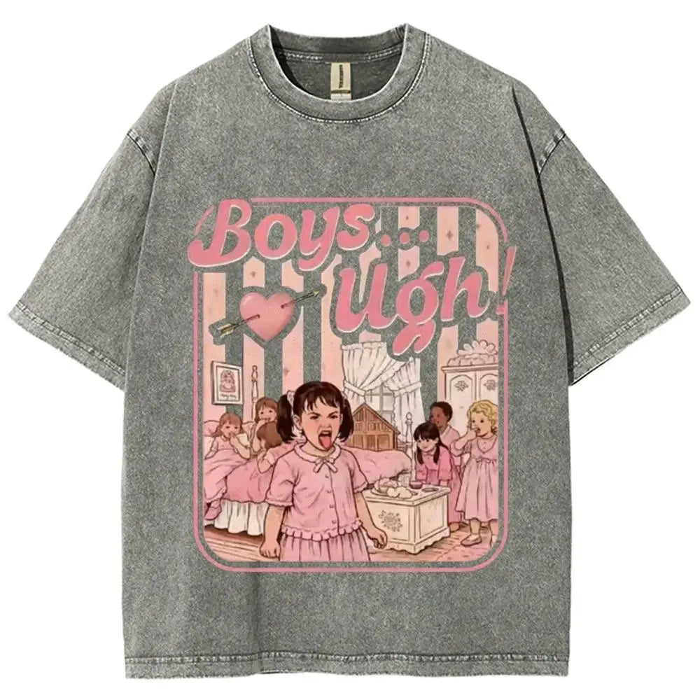 Women's Unisex Vintage Washed Cotton Graphic T-Shirt - 90s Movie "Boys...Ugh!" Funny Quote, Casual Fit Streetwear Shirts for Women with Soft Fabric