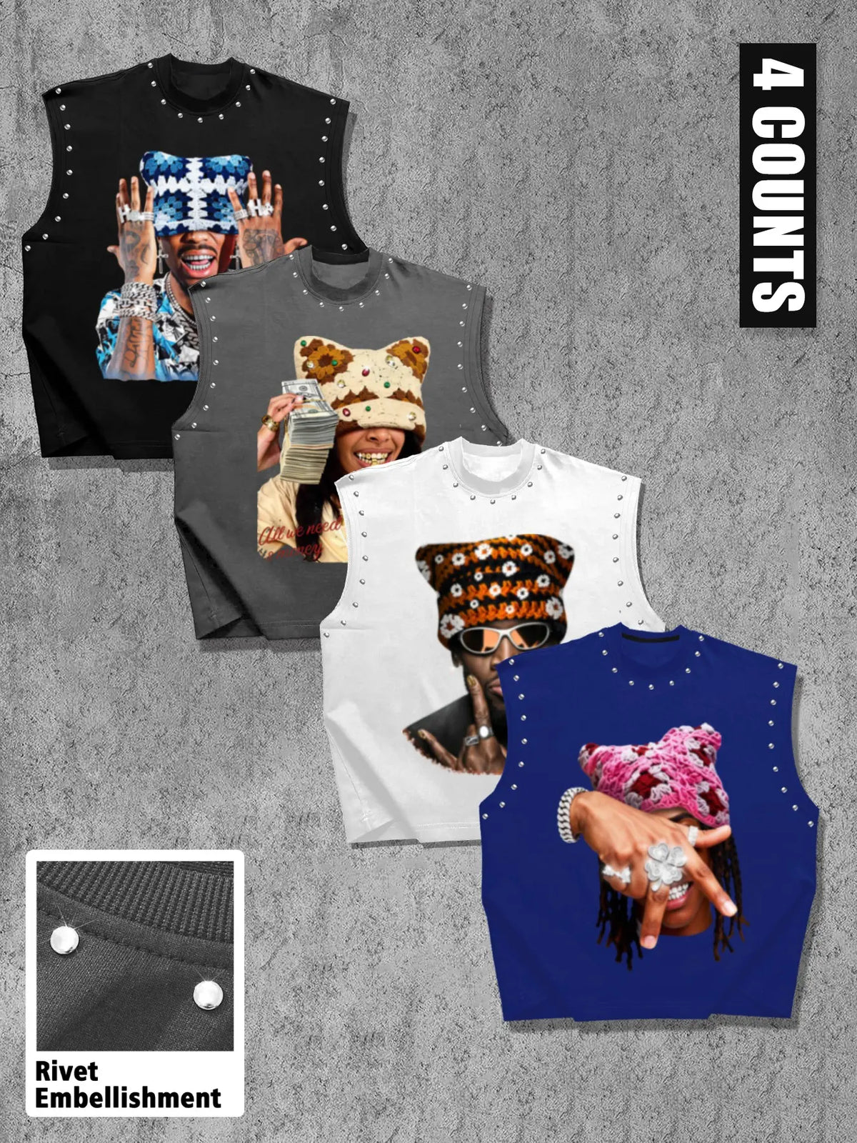 Men's Casual 4-Piece Vest Set, American Vintage Portrait Print, Graphic Print Vest, Round Neck Wide Shoulder, Comfortable Fabric, Regular Fit, Streetwear