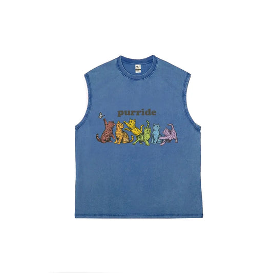 Men's 100% Soft Cotton Loose Relaxed Fit Distressed Acid-Washed Sleeveless Muscle Tank Top - Vintage Retro LGBTQ Pride Rainbow Cats Butterfly Graphic Unisex Cargo Fabric Gym Streetwear Vest, Multiple Colors Available